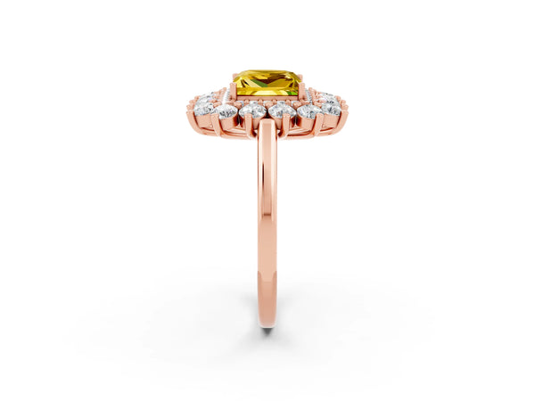 Rose gold Princess Cut Yellow Sapphire Floral Double Halo Engagement Ring with Prong Setting