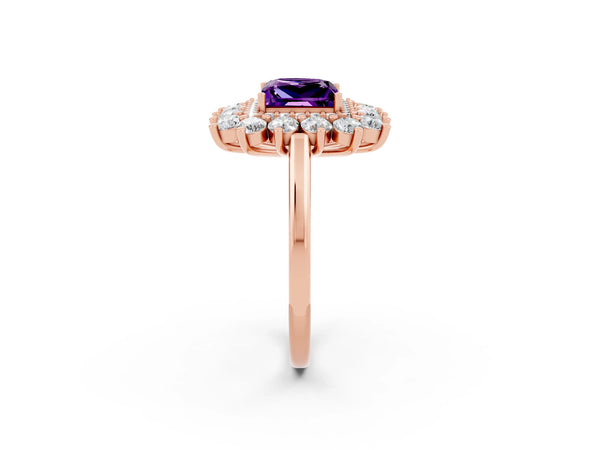 Rose gold Princess Cut Amethyst Floral Double Halo Engagement Ring with Prong Setting