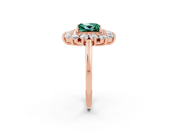 Rose gold Princess Cut Green Sapphire Floral Double Halo Engagement Ring with Prong Setting