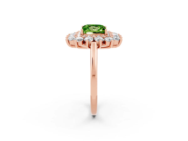 Rose gold Princess Cut Peridot Floral Double Halo Engagement Ring with Prong Setting