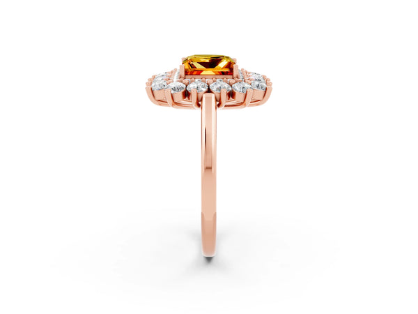 Rose gold Princess Cut Citrine Floral Double Halo Engagement Ring with Prong Setting