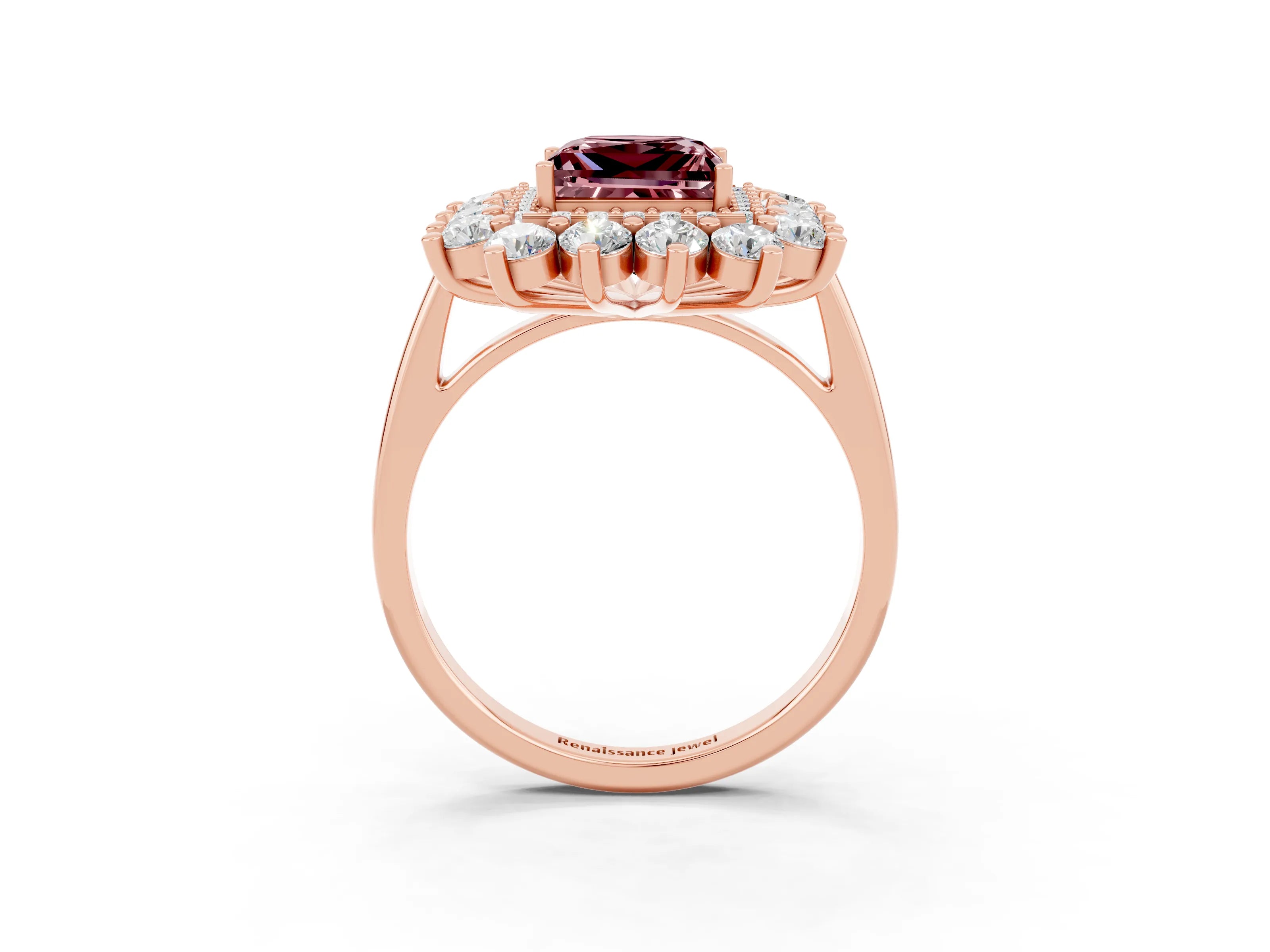 Rose gold Princess Cut Halo Cluster Diamond Ring with Pave Band and Four-Prong Setting_15