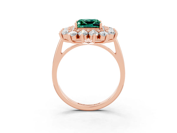 Rose gold Princess Cut Green Sapphire Floral Double Halo Engagement Ring with Prong Setting