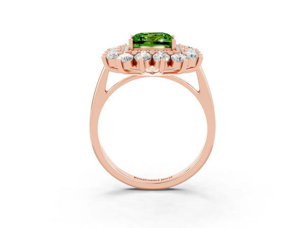 Rose gold Princess Cut Peridot Floral Double Halo Engagement Ring with Prong Setting