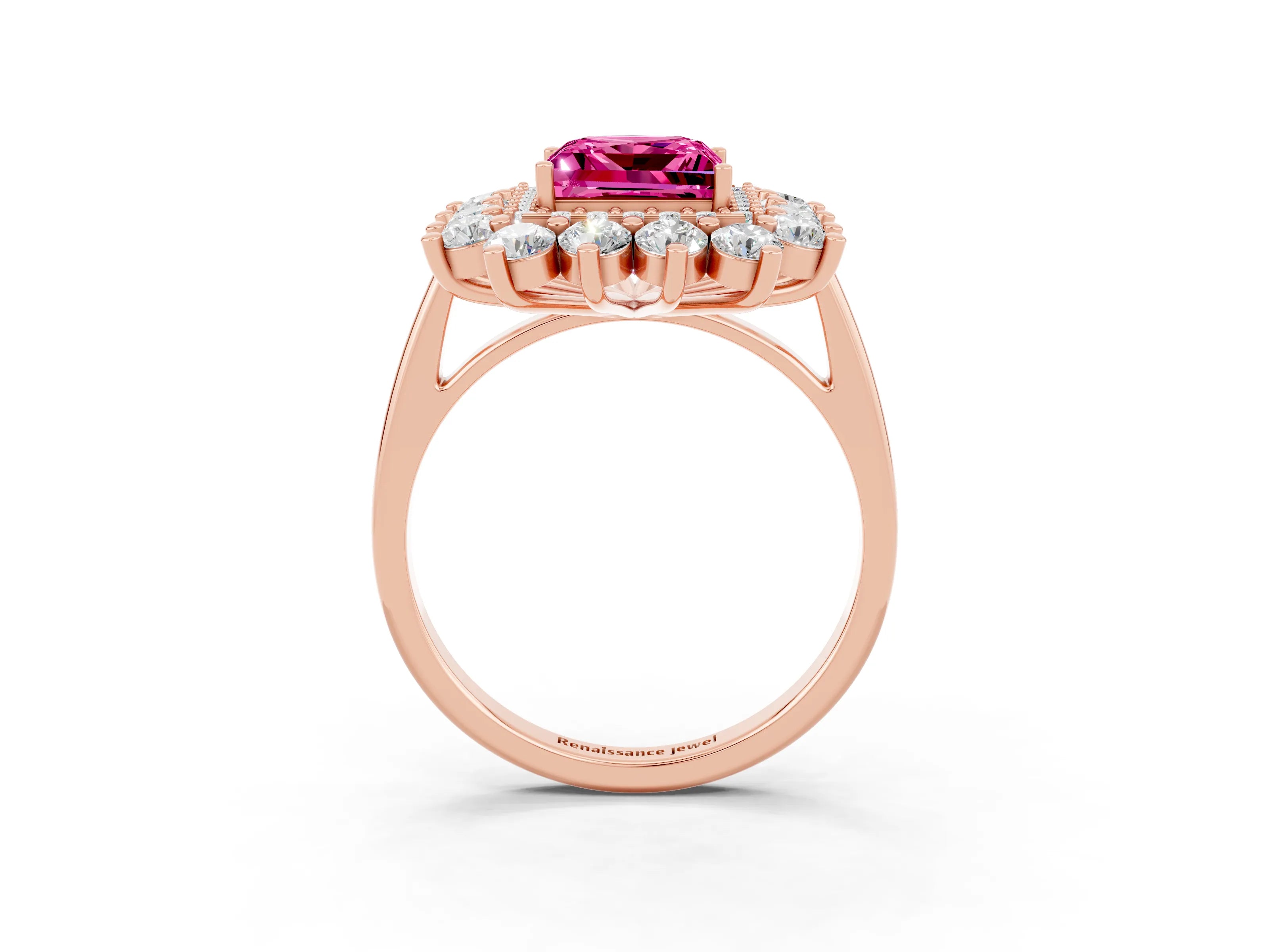 Rose gold Princess Cut Halo Cluster Diamond Ring with Pave Band and Four-Prong Setting_15