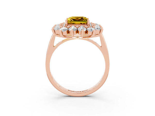 Rose gold Princess Cut Yellow Sapphire Floral Double Halo Engagement Ring with Prong Setting