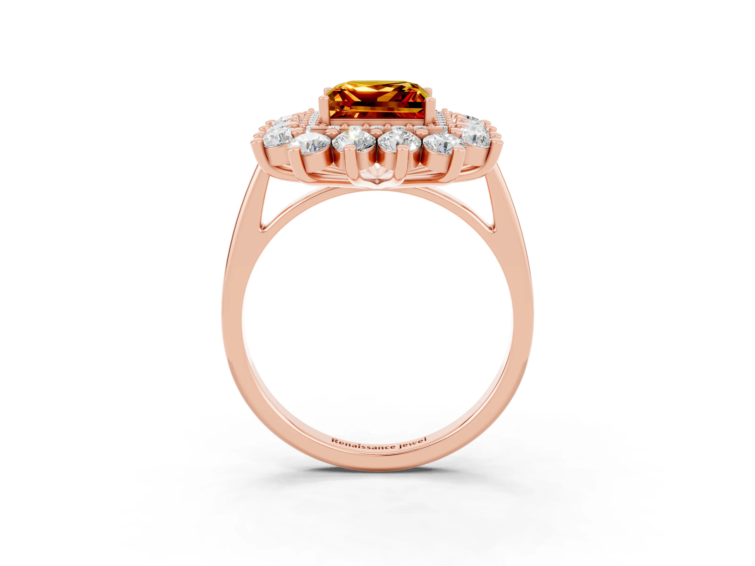 Rose gold Princess Cut Halo Cluster Diamond Ring with Pave Band and Four-Prong Setting_15