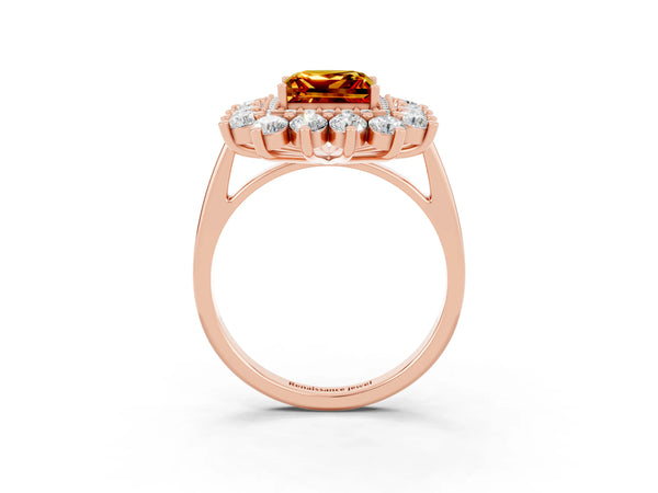 Rose gold Princess Cut Citrine Floral Double Halo Engagement Ring with Prong Setting