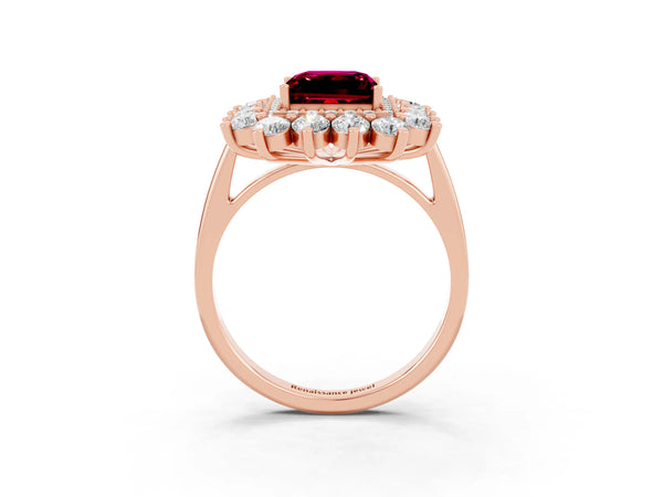 Rose gold Princess Cut Garnet Floral Double Halo Engagement Ring with Prong Setting