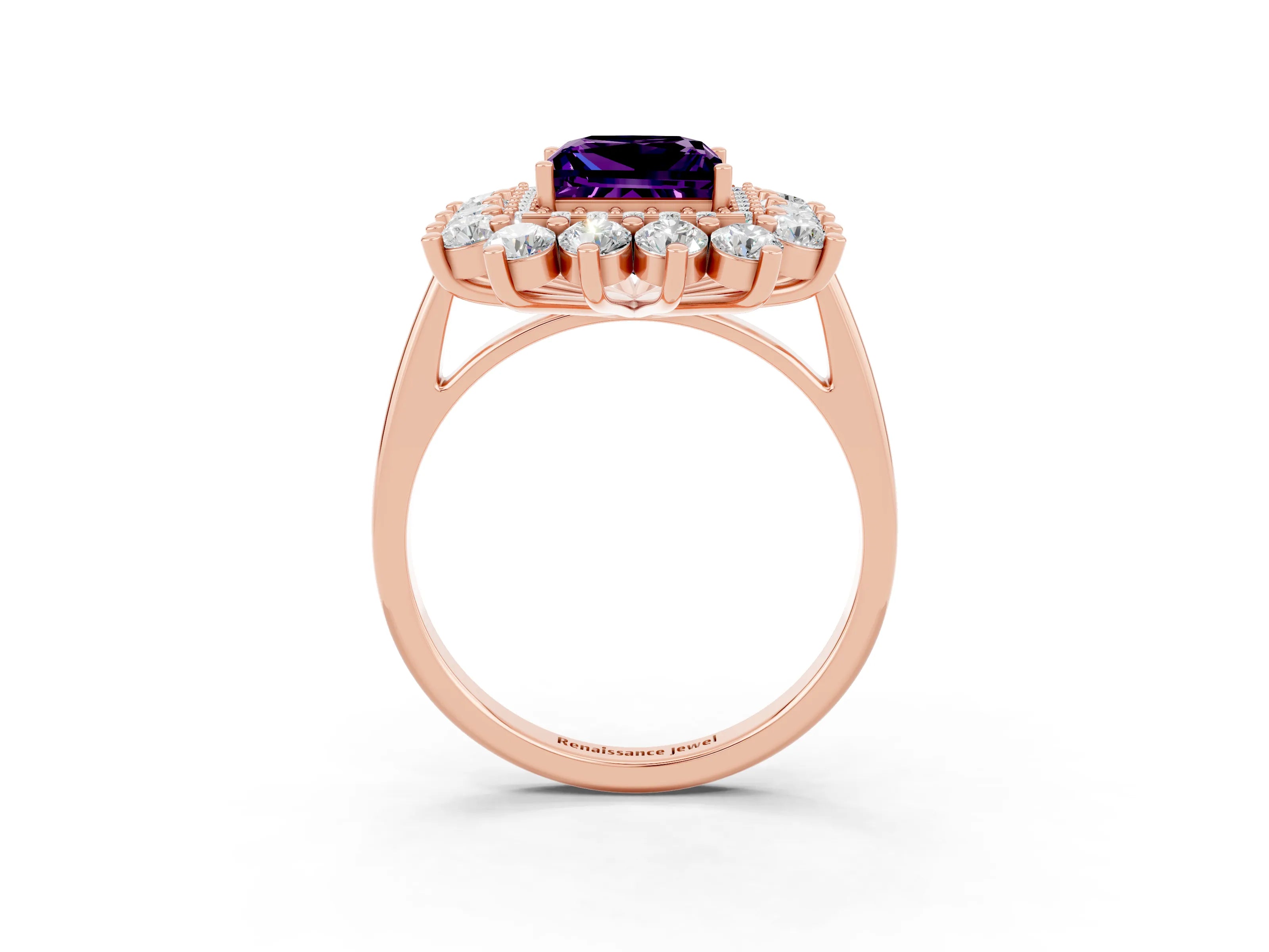 Rose gold Princess Cut Halo Cluster Diamond Ring with Pave Band and Four-Prong Setting_15