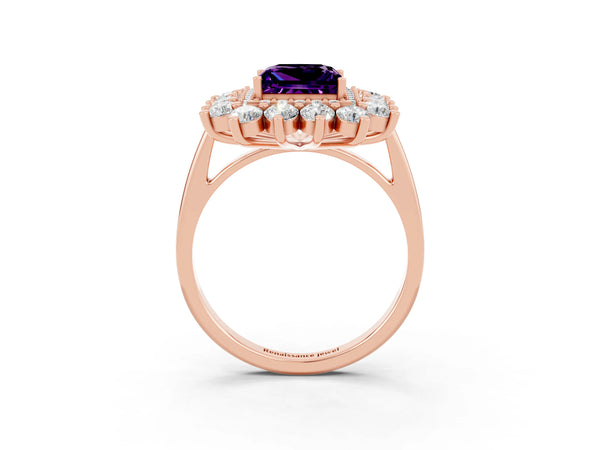 Rose gold Princess Cut Amethyst Floral Double Halo Engagement Ring with Prong Setting