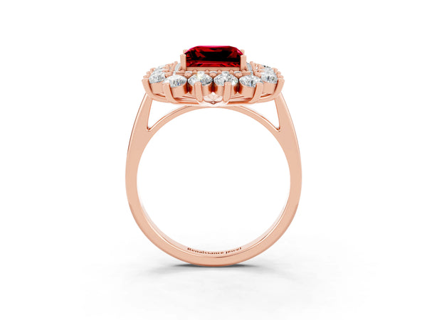 Rose gold Princess Cut Ruby Floral Double Halo Engagement Ring with Prong Setting