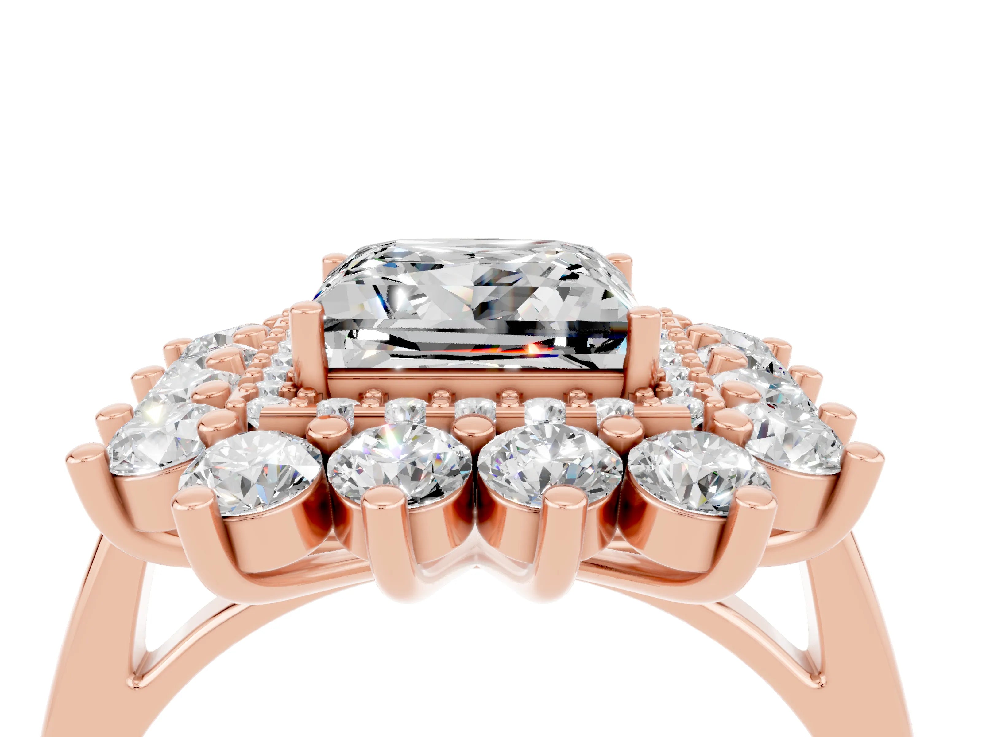 Rose gold Princess Cut Halo Cluster Diamond Ring with Pave Band and Four-Prong Setting_16