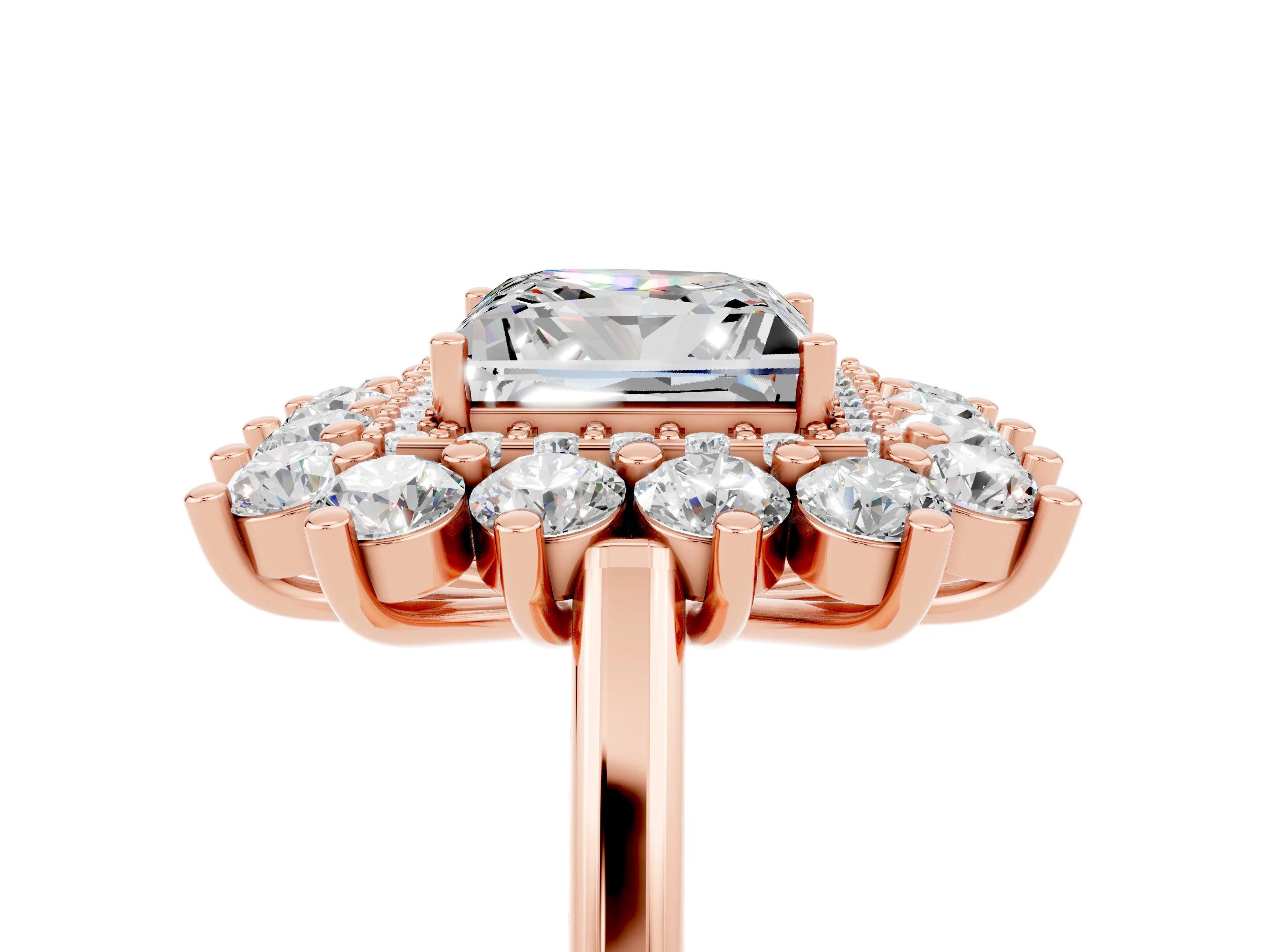 Rose gold Princess Cut Halo Cluster Diamond Ring with Pave Band and Four-Prong Setting_17