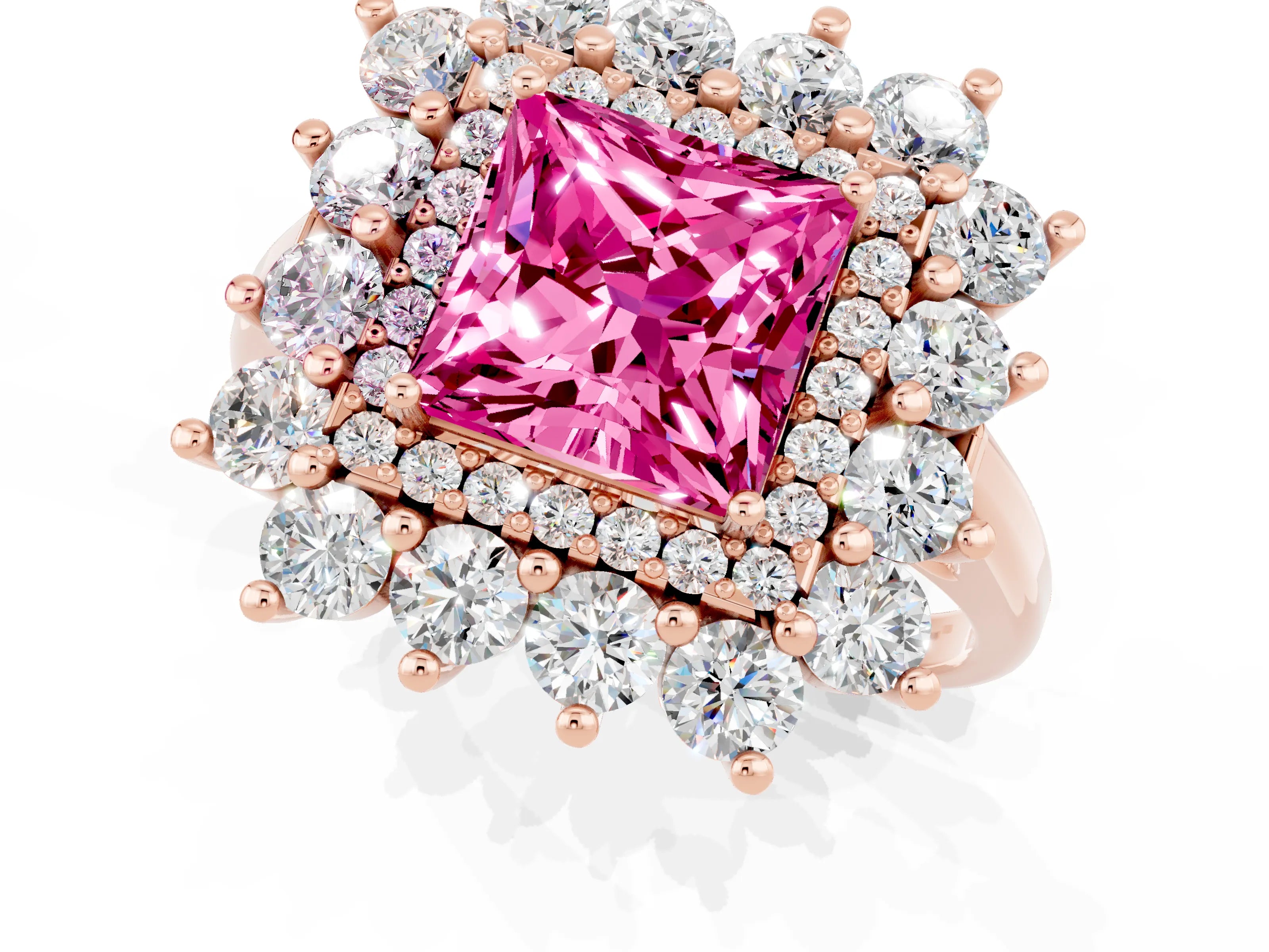 Rose gold Princess Cut Halo Cluster Diamond Ring with Pave Band and Four-Prong Setting_1