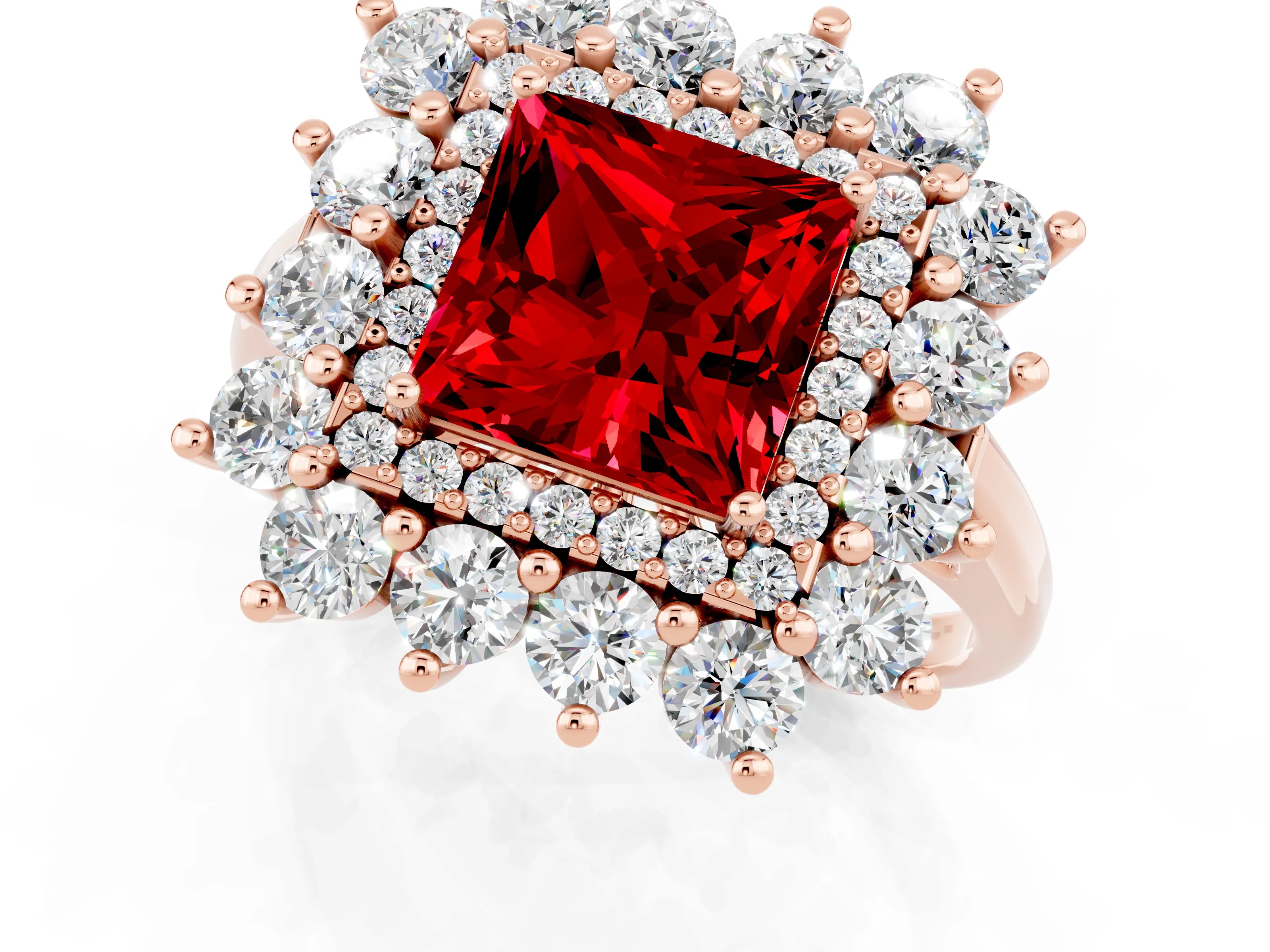 Rose gold Princess Cut Halo Cluster Diamond Ring with Pave Band and Four-Prong Setting_1