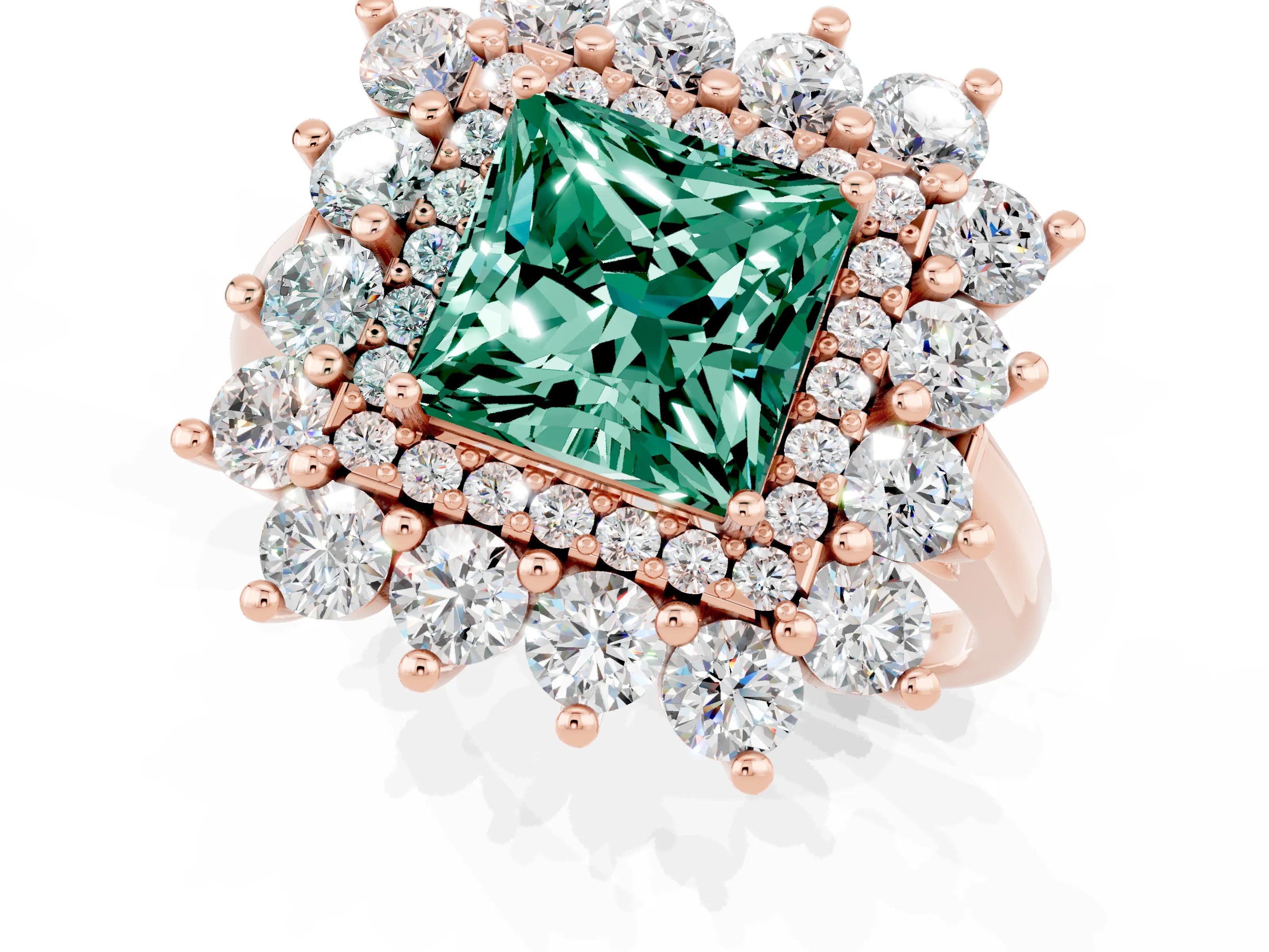 Rose gold Princess Cut Halo Cluster Diamond Ring with Pave Band and Four-Prong Setting_1