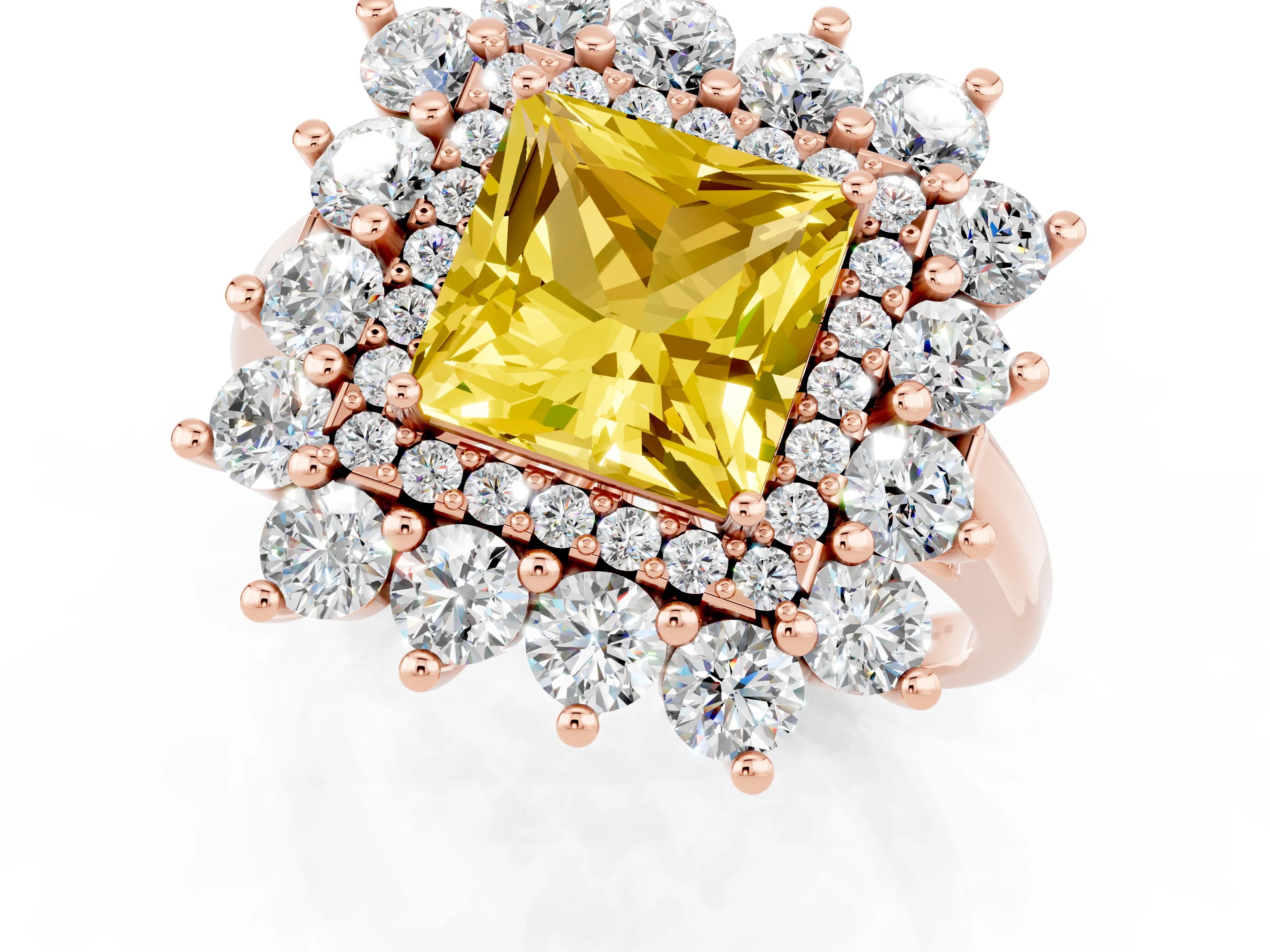 Rose gold Princess Cut Halo Cluster Diamond Ring with Pave Band and Four-Prong Setting_1