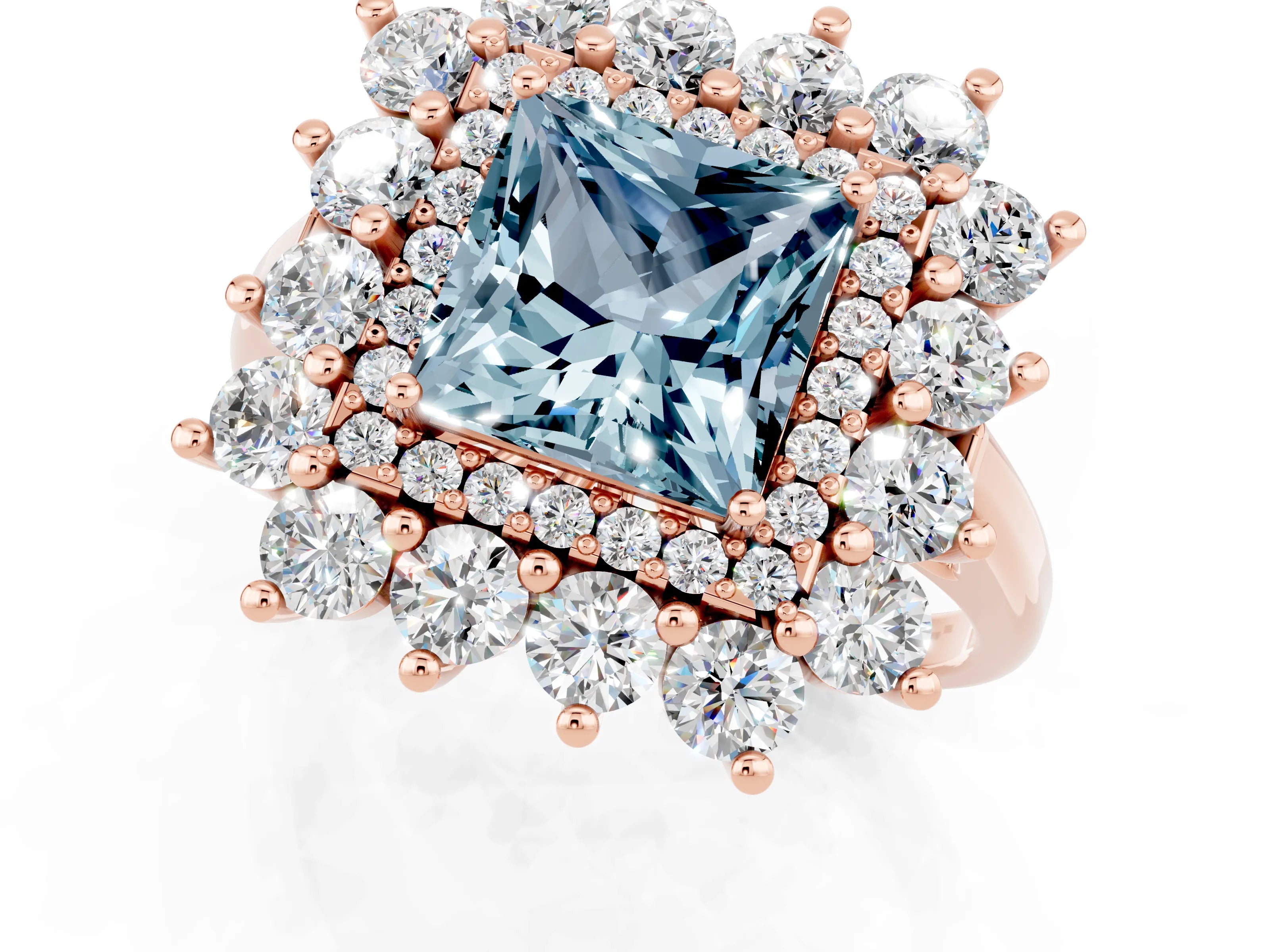 Rose gold Princess Cut Halo Cluster Diamond Ring with Pave Band and Four-Prong Setting_1