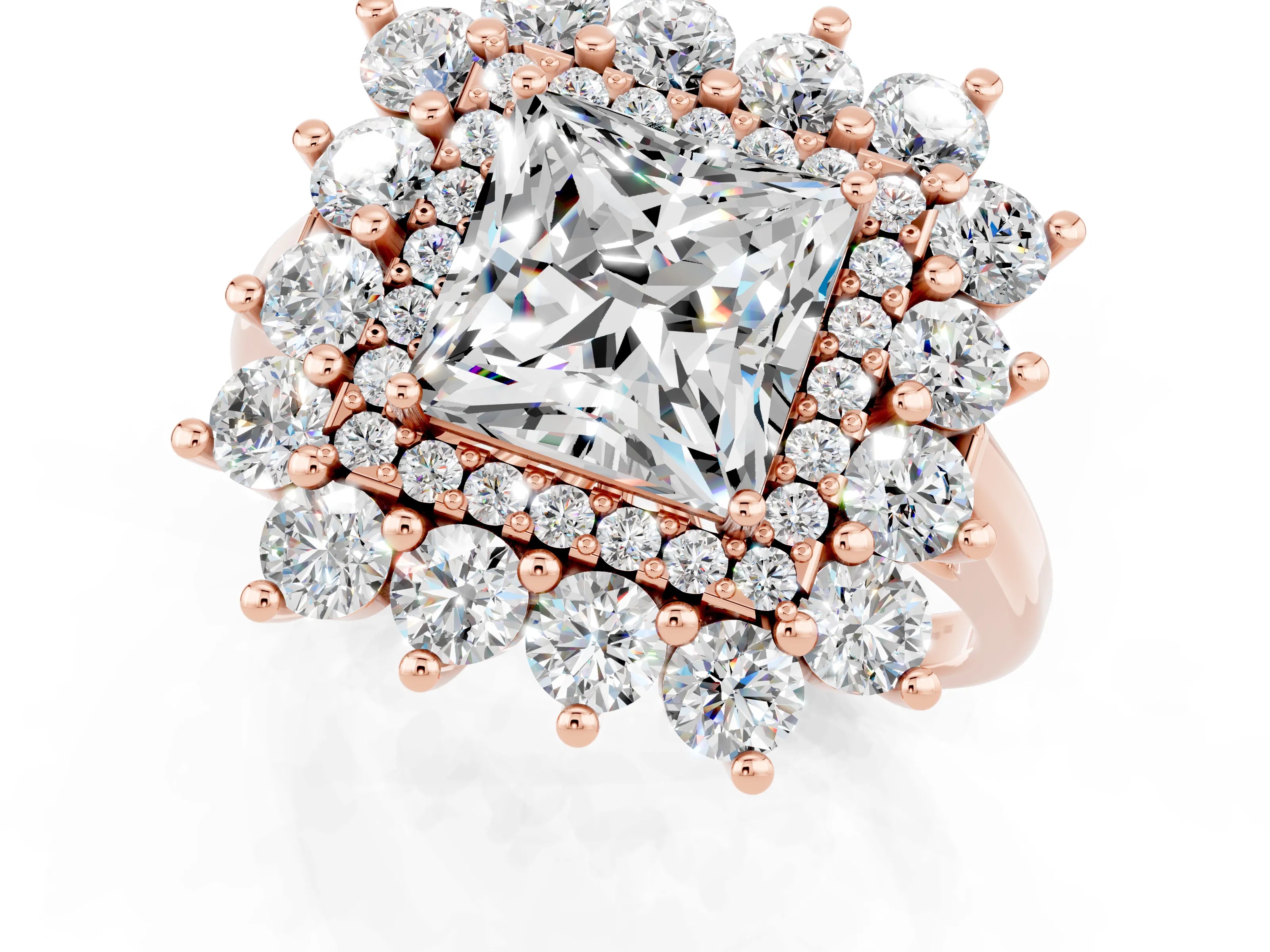 Rose gold Princess Cut Halo Cluster Diamond Ring with Pave Band and Four-Prong Setting_1