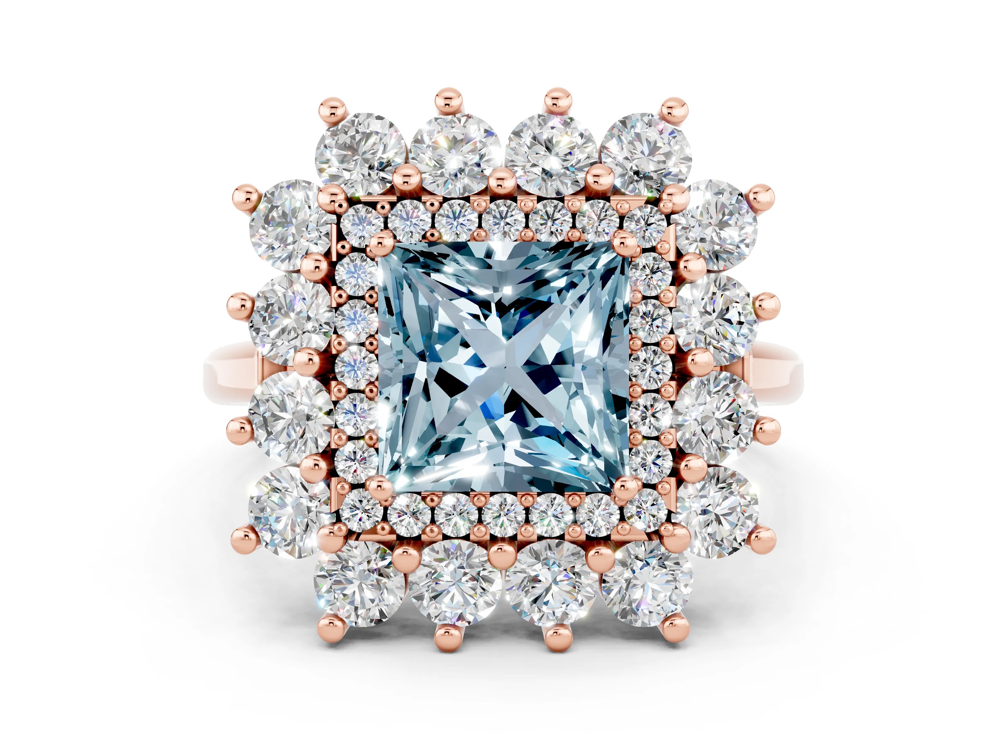 Rose gold Princess Cut Halo Cluster Diamond Ring with Pave Band and Four-Prong Setting