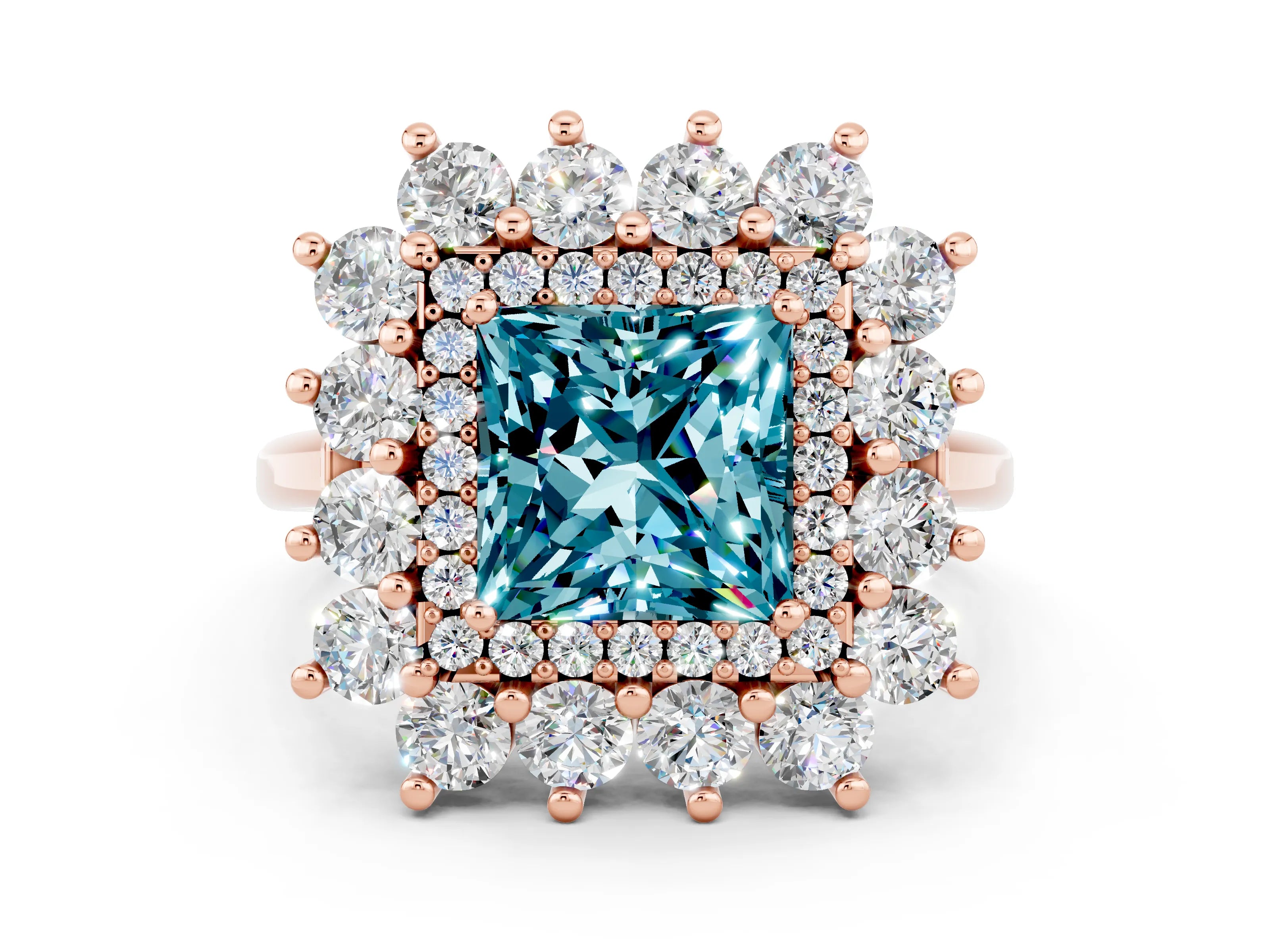 Rose gold Princess Cut Halo Cluster Diamond Ring with Pave Band and Four-Prong Setting_24