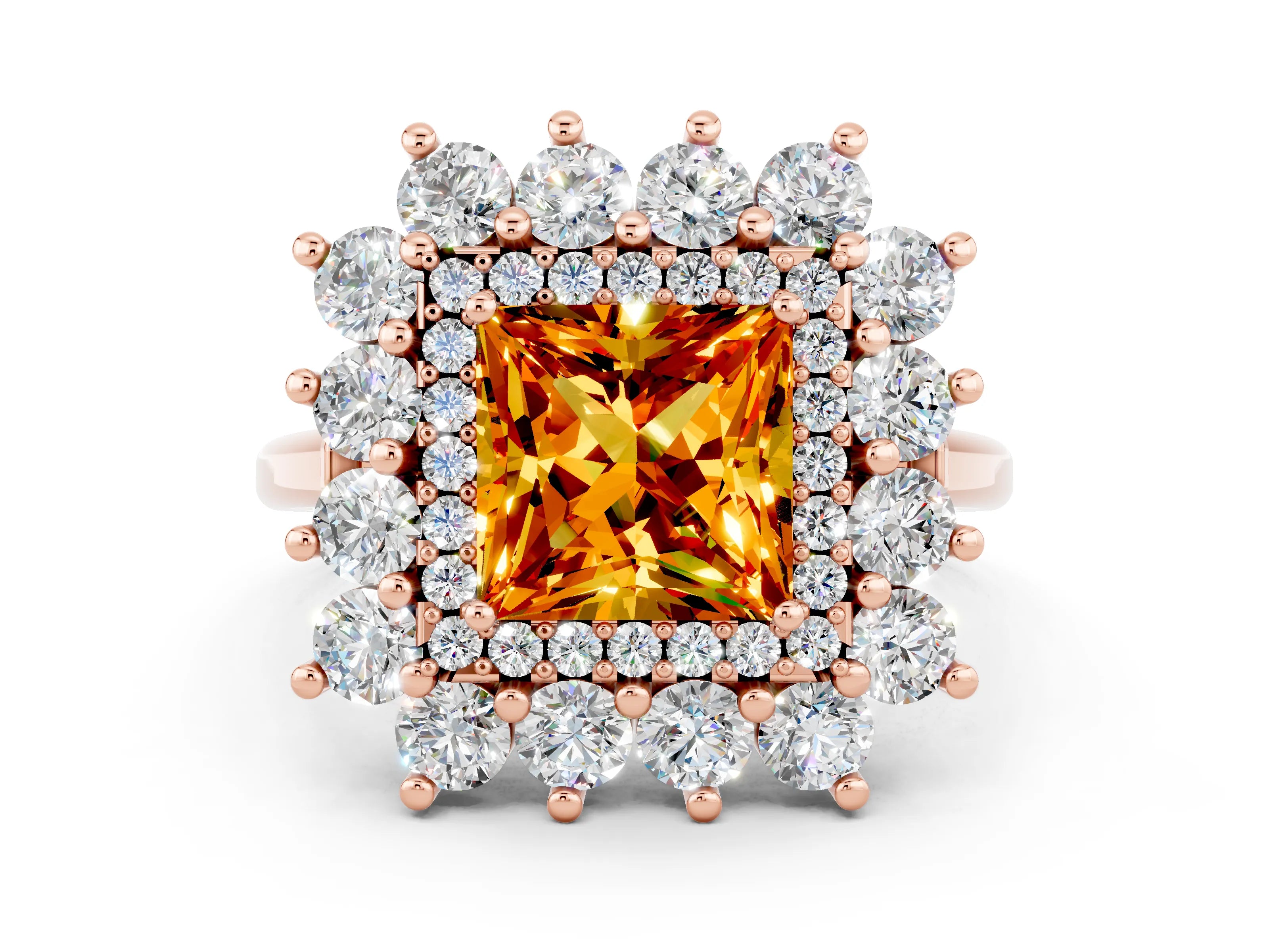 Rose gold Princess Cut Halo Cluster Diamond Ring with Pave Band and Four-Prong Setting