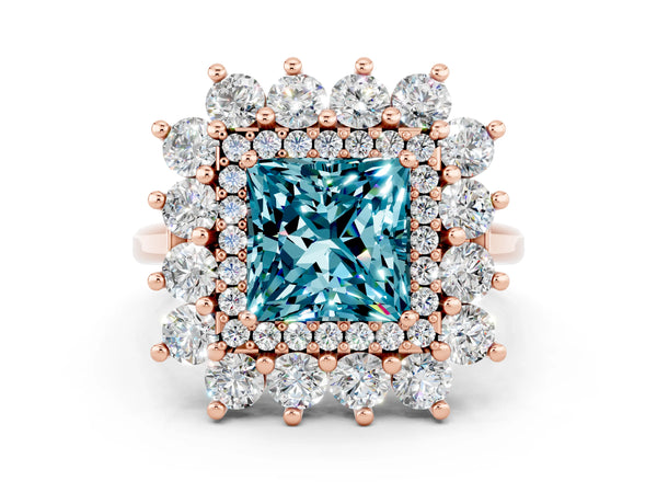 Rose gold Princess Cut Blue Topaz Floral Double Halo Engagement Ring with Prong Setting
