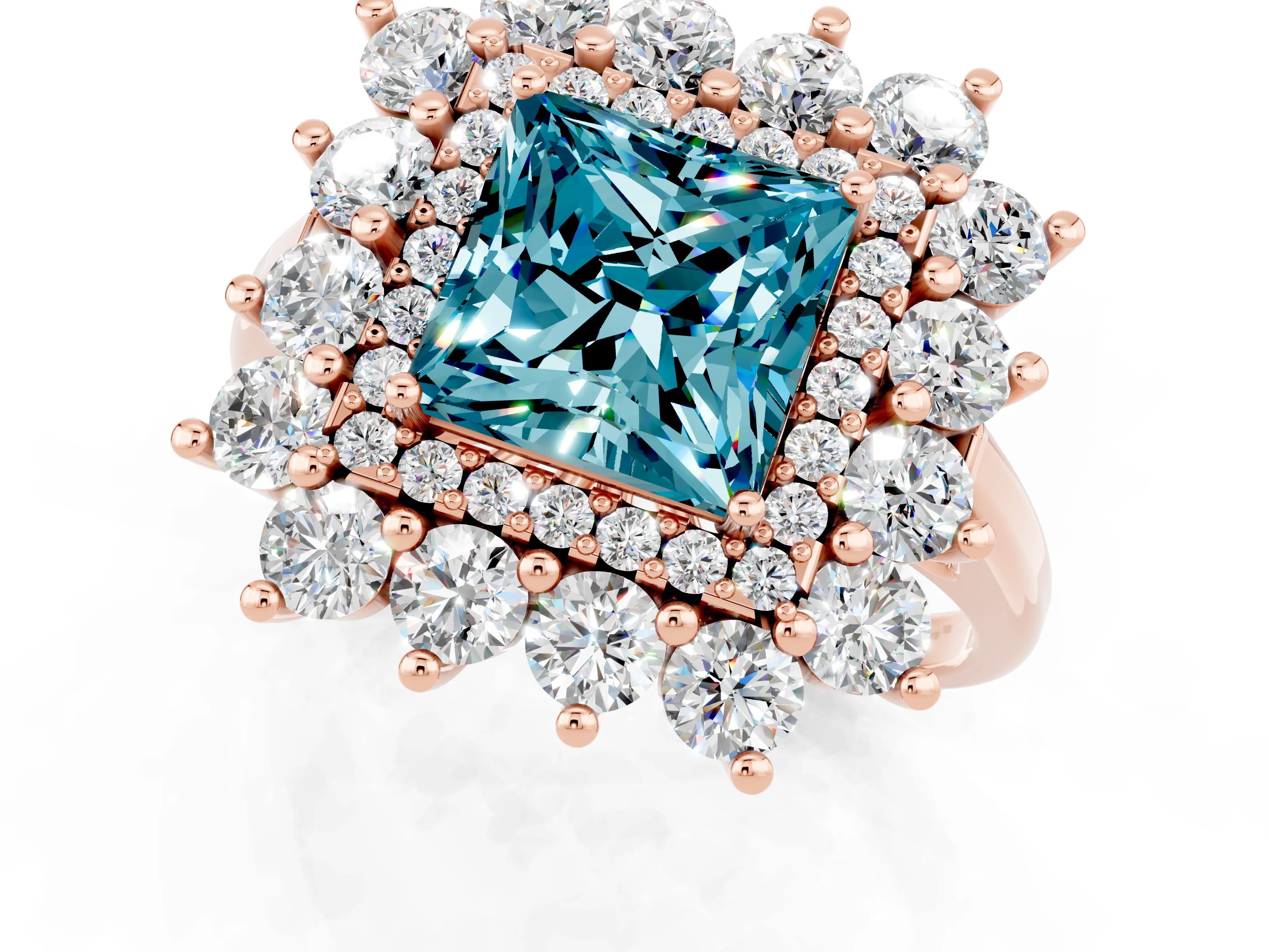 Rose gold Princess Cut Halo Cluster Diamond Ring with Pave Band and Four-Prong Setting_25