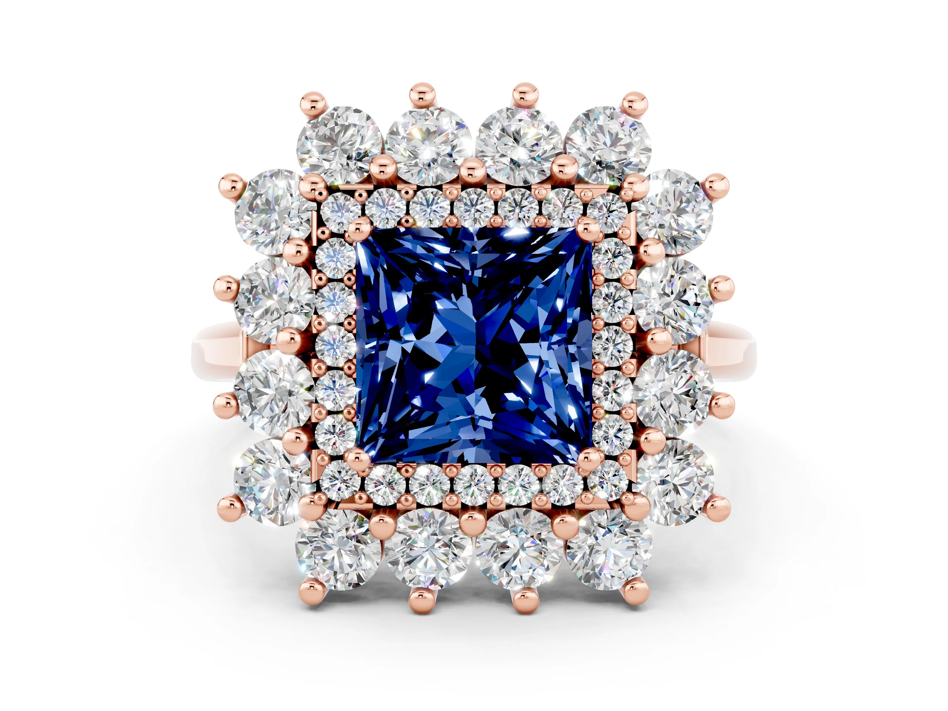 Rose gold Princess Cut Halo Cluster Diamond Ring with Pave Band and Four-Prong Setting