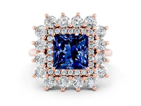 Rose gold Princess Cut Halo Cluster Diamond Ring with Pave Band and Four-Prong Setting
