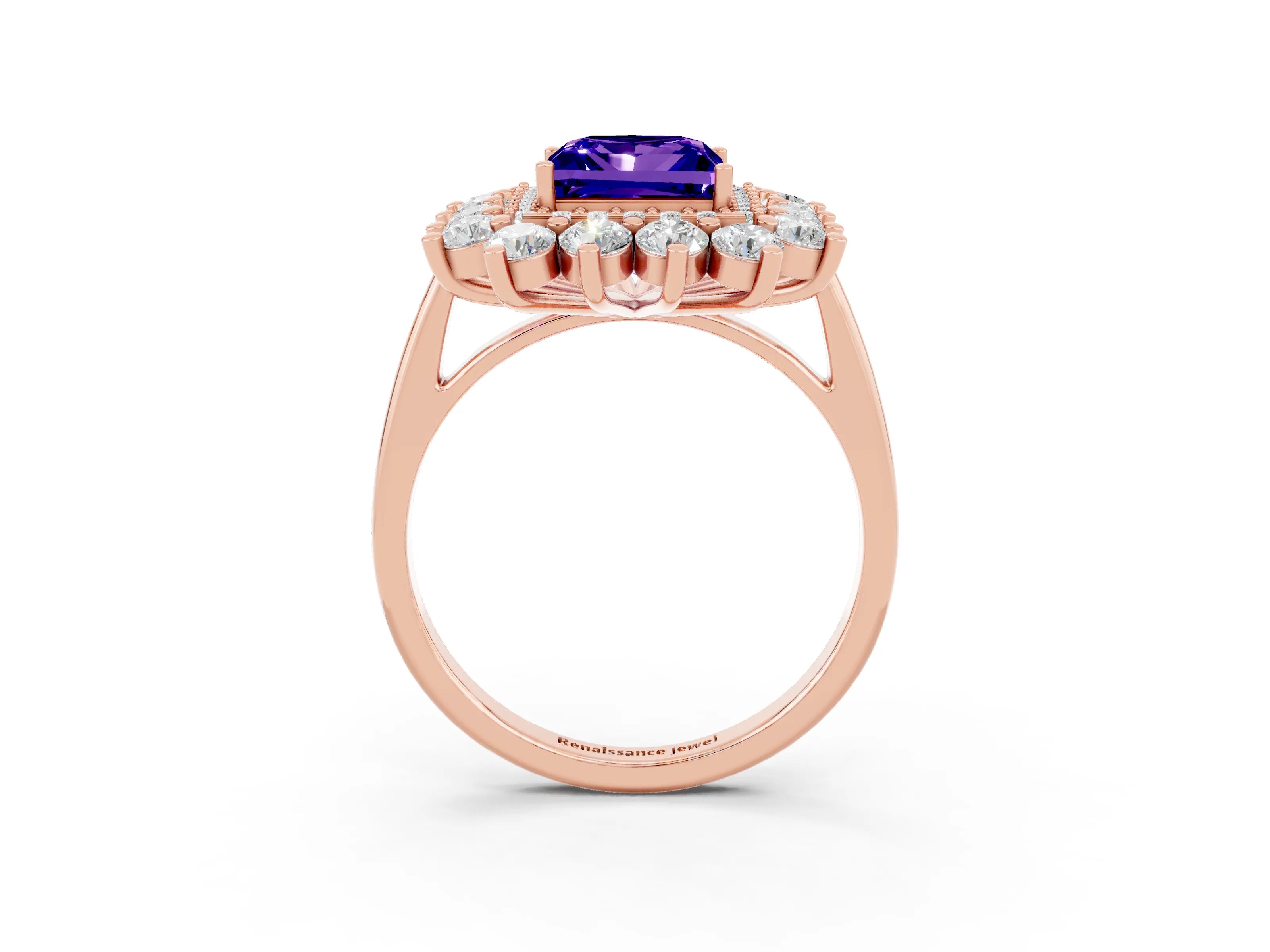 Rose gold Princess Cut Halo Cluster Diamond Ring with Pave Band and Four-Prong Setting_3