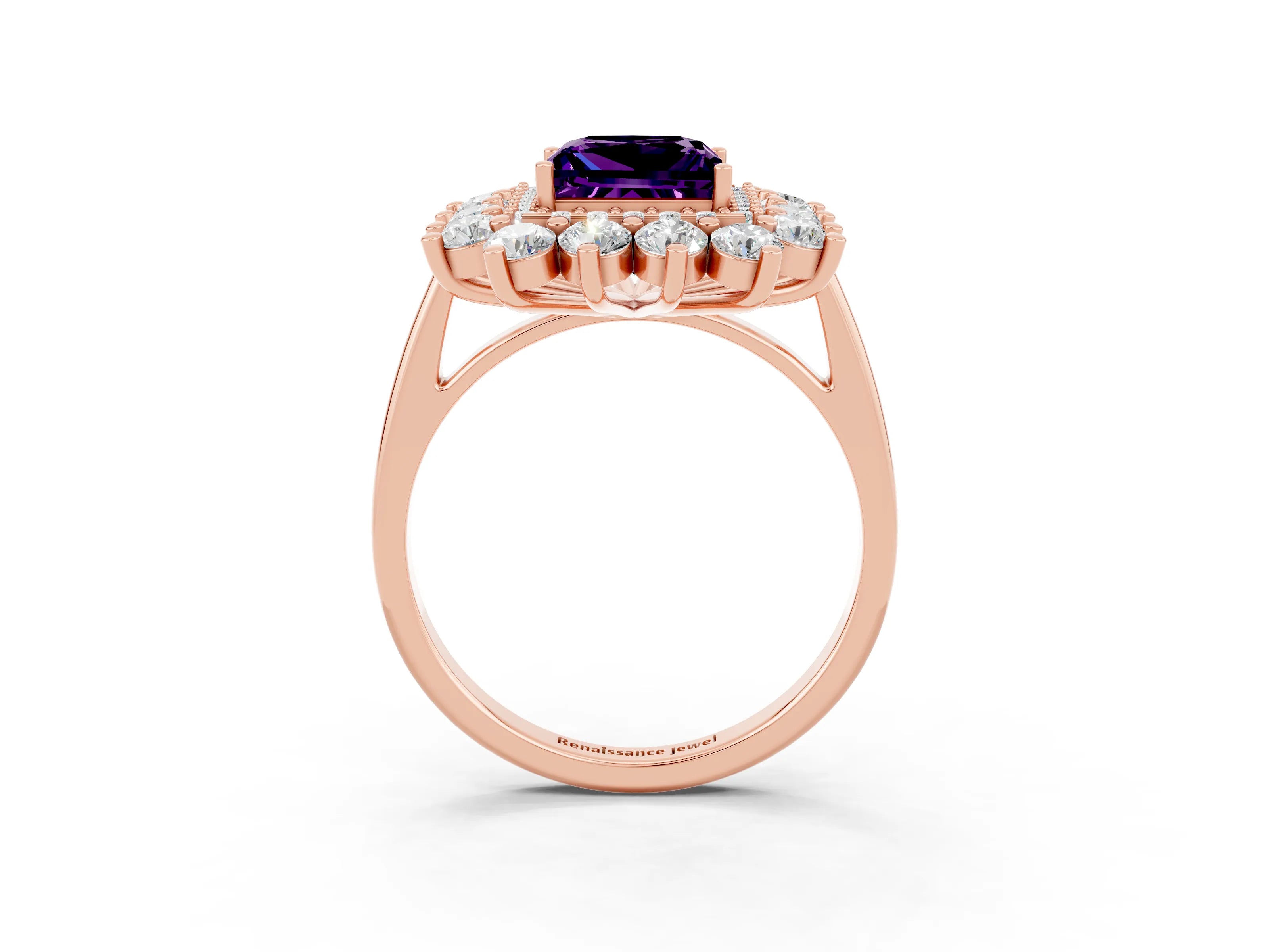 Rose gold Princess Cut Halo Cluster Diamond Ring with Pave Band and Four-Prong Setting_3