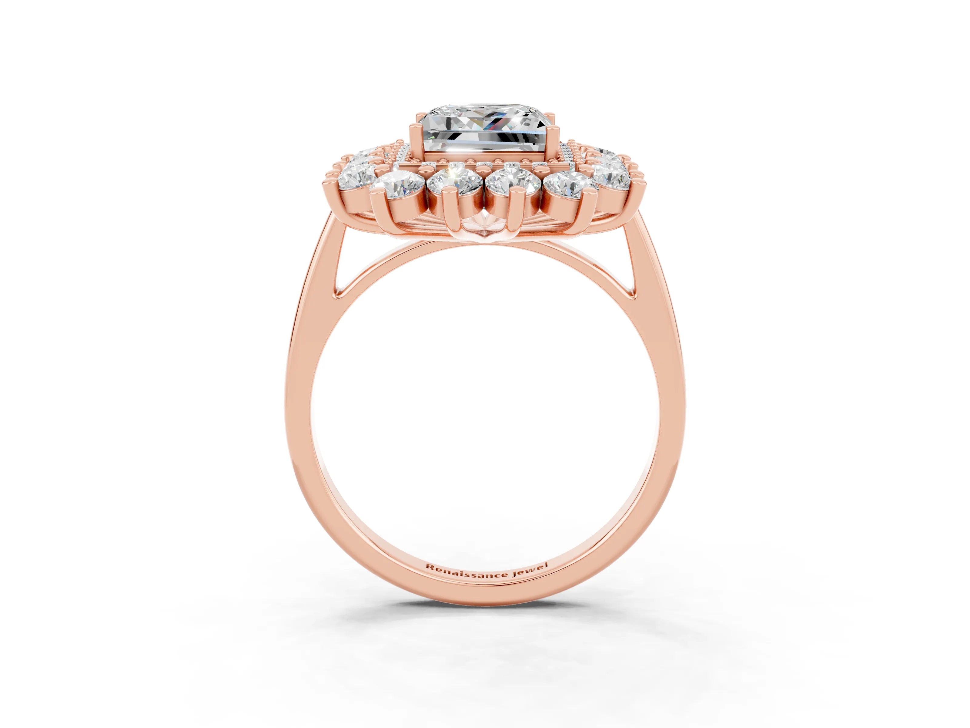 Rose gold Princess Cut Halo Cluster Diamond Ring with Pave Band and Four-Prong Setting_3