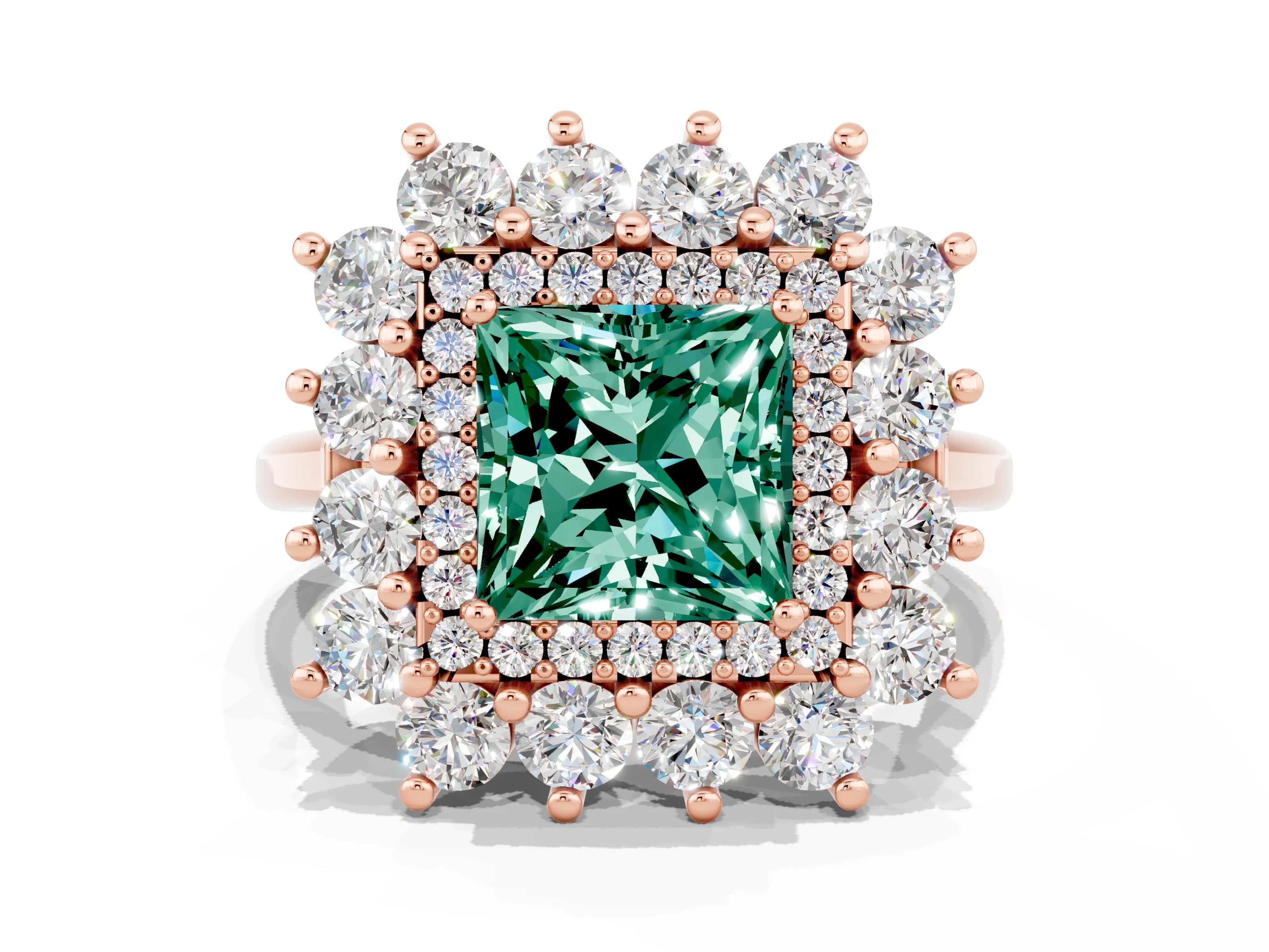 Rose gold Princess Cut Halo Cluster Diamond Ring with Pave Band and Four-Prong Setting