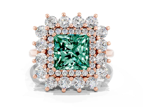 Rose gold Princess Cut Halo Cluster Diamond Ring with Pave Band and Four-Prong Setting
