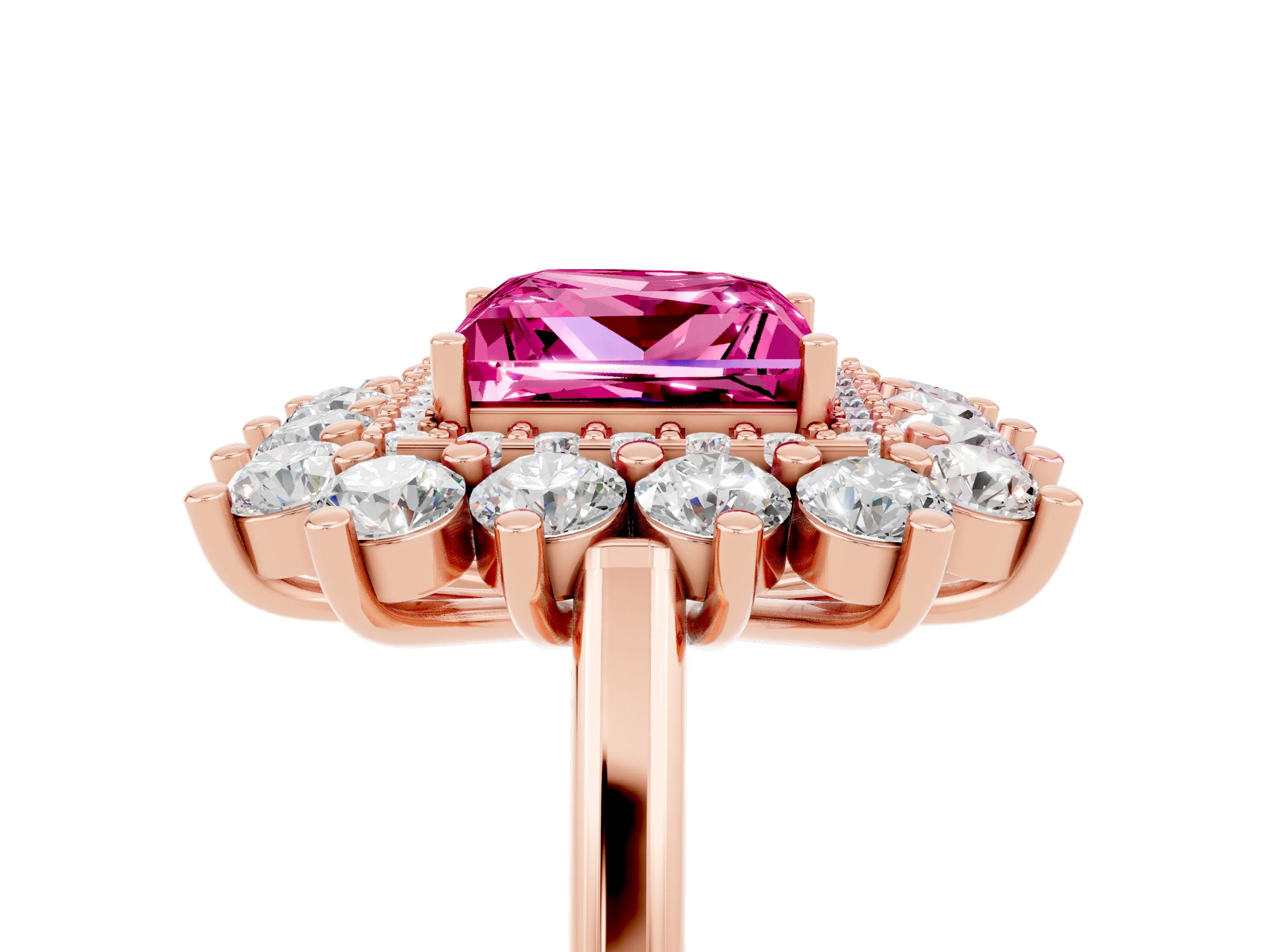 Rose gold Princess Cut Halo Cluster Diamond Ring with Pave Band and Four-Prong Setting_5