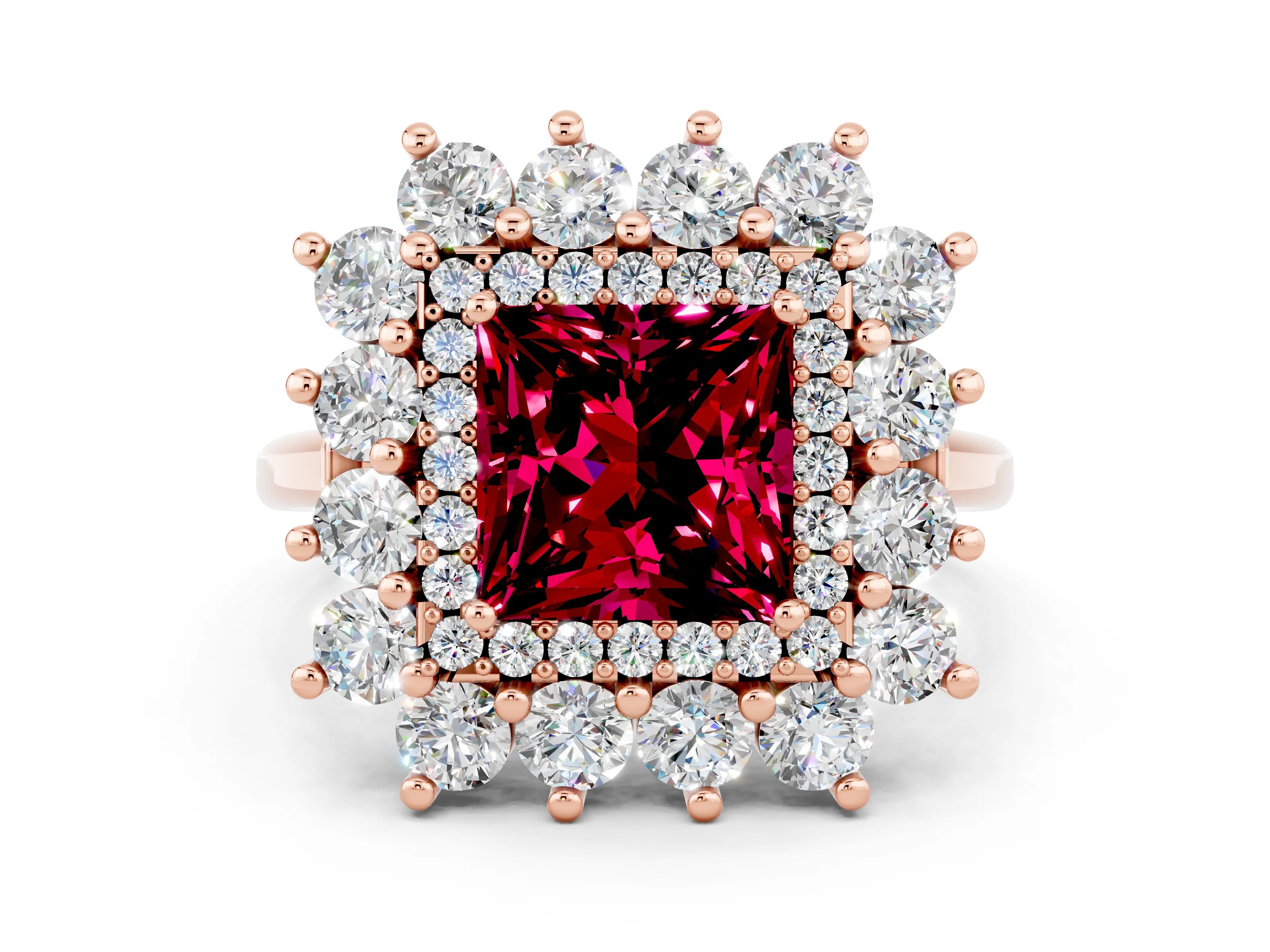 Rose gold Princess Cut Halo Cluster Diamond Ring with Pave Band and Four-Prong Setting