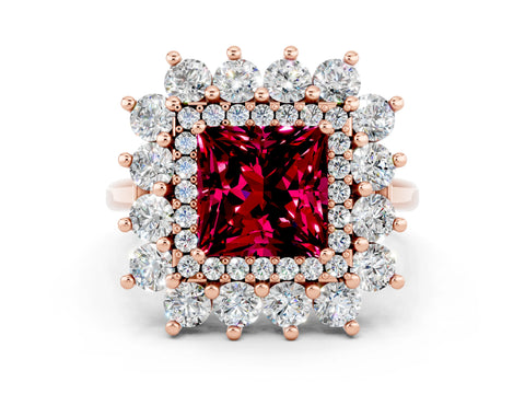 Rose gold Princess Cut Halo Cluster Diamond Ring with Pave Band and Four-Prong Setting