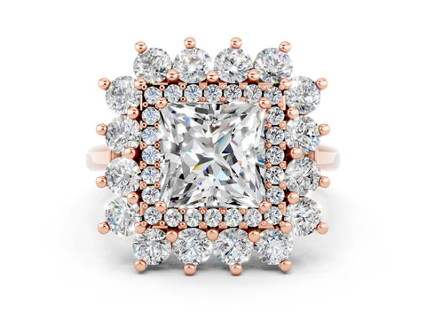 Rose gold Princess Cut Halo Cluster Diamond Ring with Pave Band and Four-Prong Setting