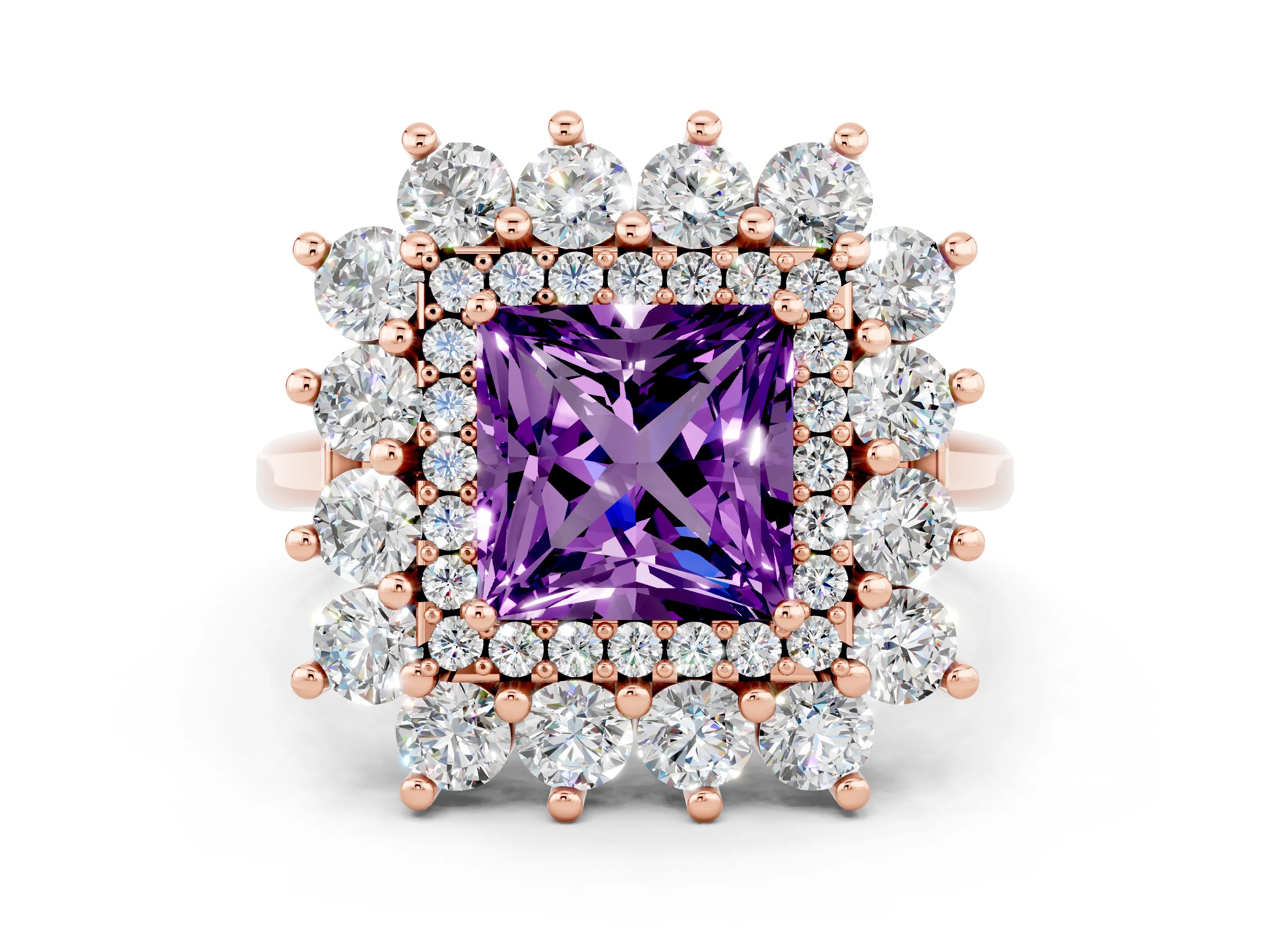 Rose gold Princess Cut Halo Cluster Diamond Ring with Pave Band and Four-Prong Setting