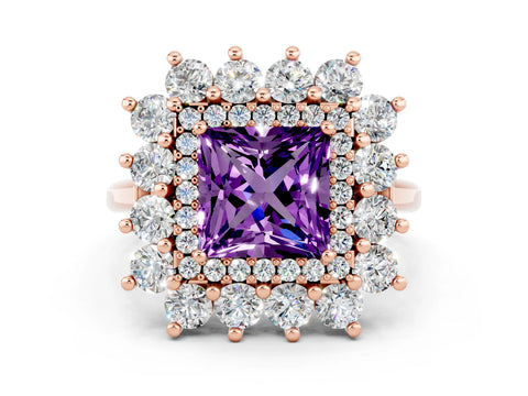 Rose gold Princess Cut Halo Cluster Diamond Ring with Pave Band and Four-Prong Setting