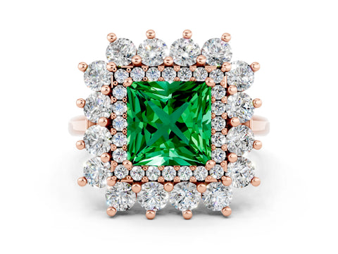 Rose gold Princess Cut Halo Cluster Diamond Ring with Pave Band and Four-Prong Setting