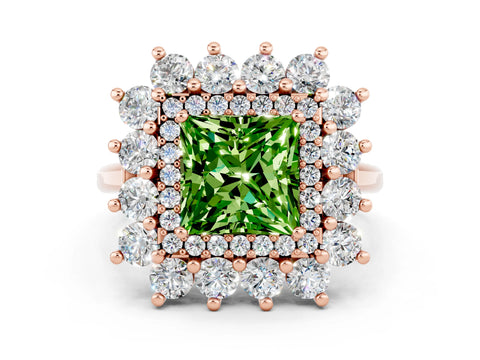 Rose gold Princess Cut Halo Cluster Diamond Ring with Pave Band and Four-Prong Setting