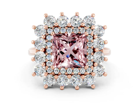 Rose gold Princess Cut Halo Cluster Diamond Ring with Pave Band and Four-Prong Setting