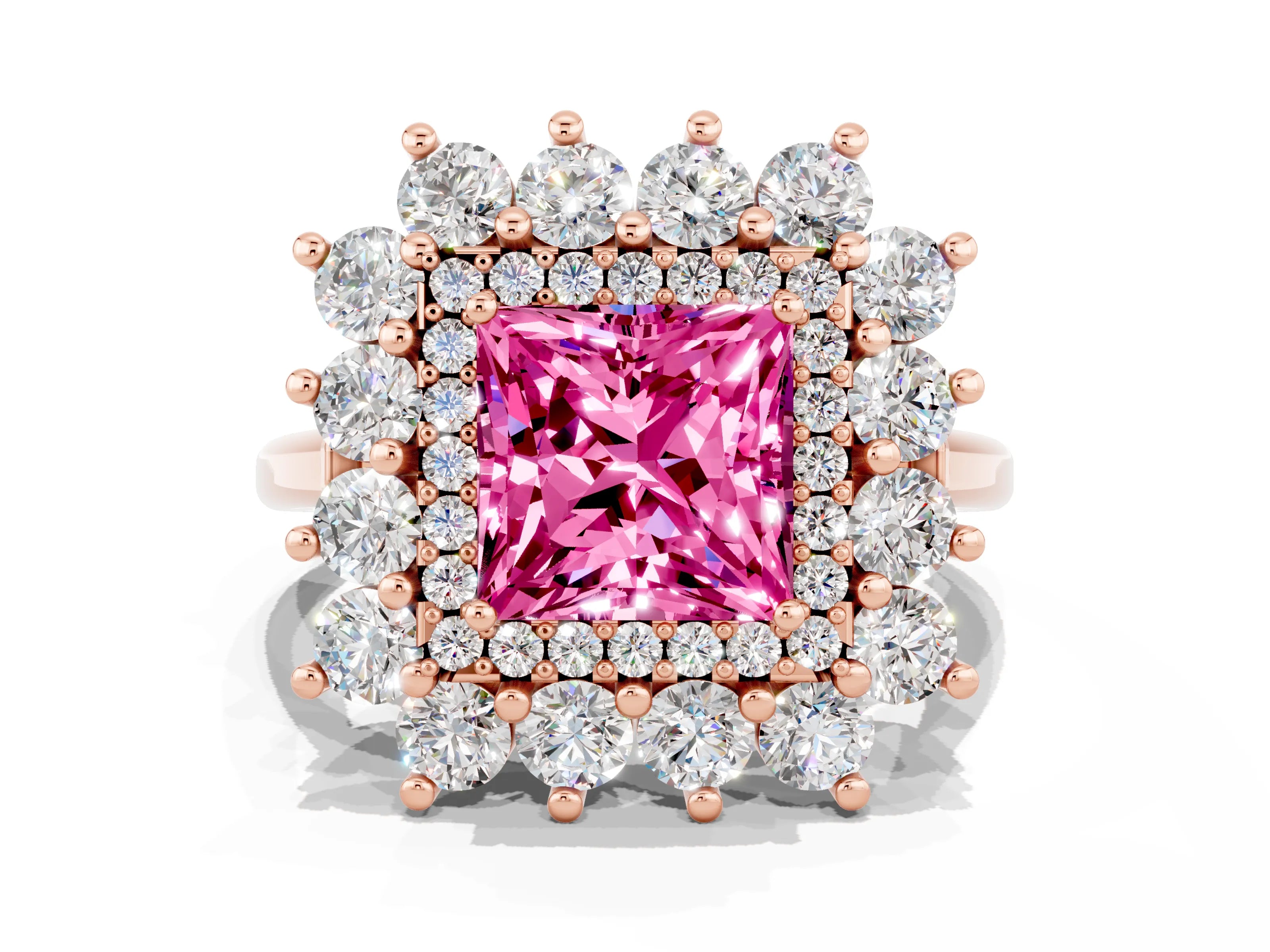Rose gold Princess Cut Halo Cluster Diamond Ring with Pave Band and Four-Prong Setting