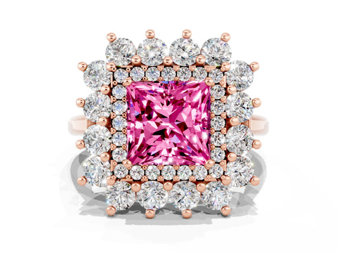 Rose gold Princess Cut Halo Cluster Diamond Ring with Pave Band and Four-Prong Setting