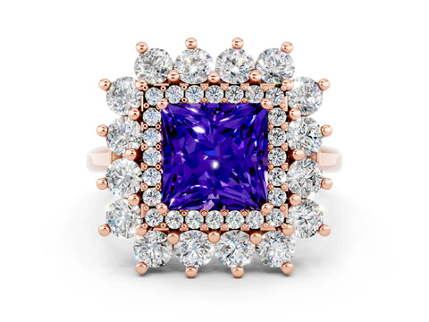 Rose gold Princess Cut Halo Cluster Diamond Ring with Pave Band and Four-Prong Setting