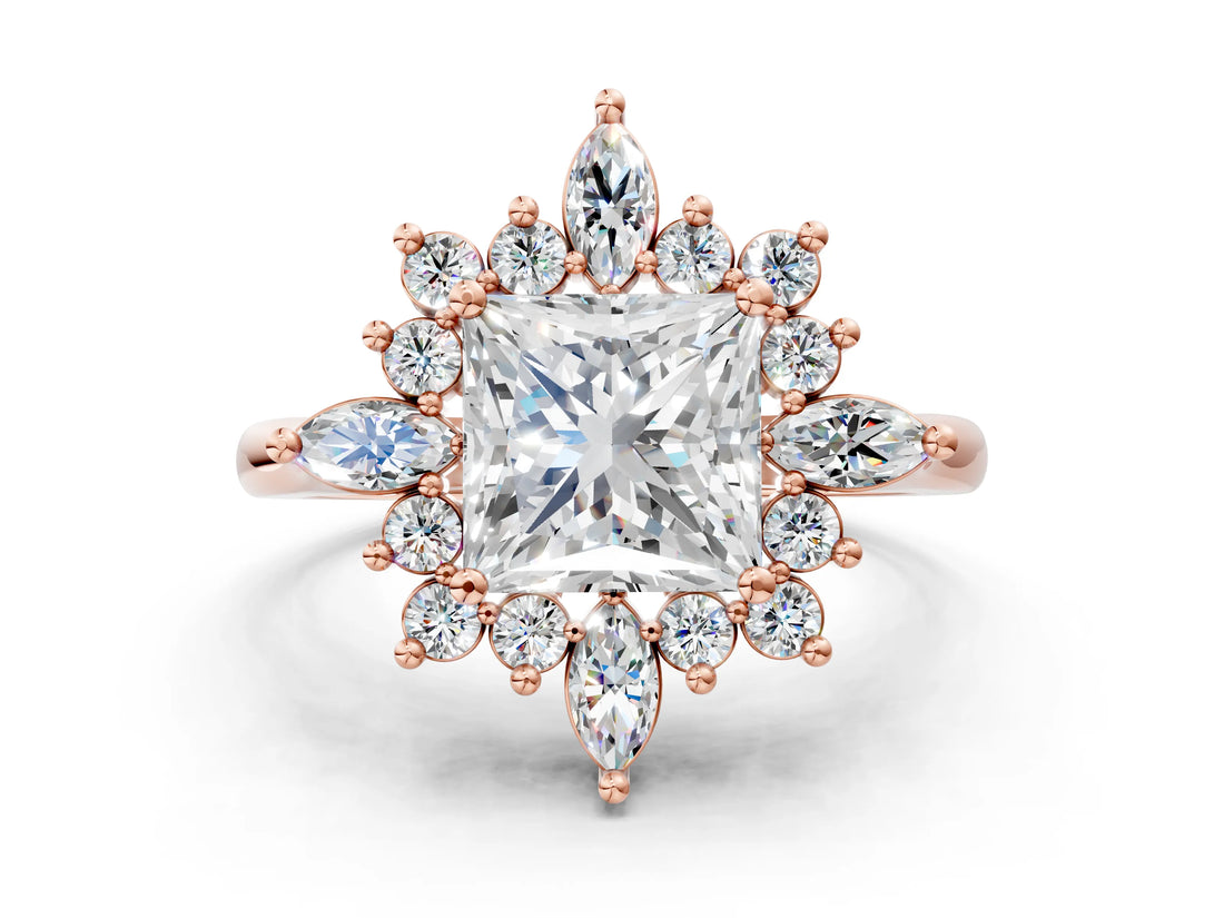 Rose gold Princess Cut Halo Diamond Cluster Ring with Marquise and Round Stones on a White Gold Band with Prong Setting_27