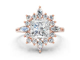Rose gold Princess Cut Halo Diamond Cluster Ring with Marquise and Round Stones on a White Gold Band with Prong Setting_27